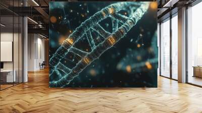 Close-up of genetic bioengineering, featuring a DNA strand with integrated gene mapping graphics and complex biological data, focus cover all object, deep dept of field Wall mural