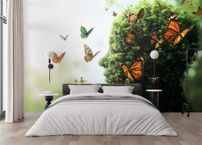 Conceptual image of a person's head made out of nature tree and butterflies   Wall mural