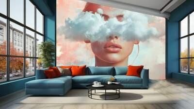 Contemporary art collage of female portrait, face covered with cloud isolated over pastel background   Wall mural