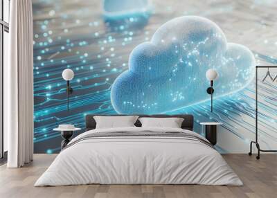 Data storage and cloud technology concept with blue wire connected to white pixelate cloud on abstract light grey background. 3D rendering   Wall mural