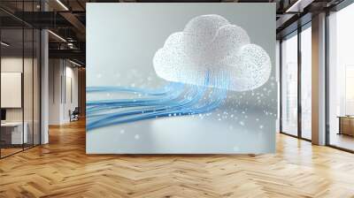 Data storage and cloud technology concept with blue wire connected to white pixelate cloud on abstract light grey background. 3D rendering   Wall mural