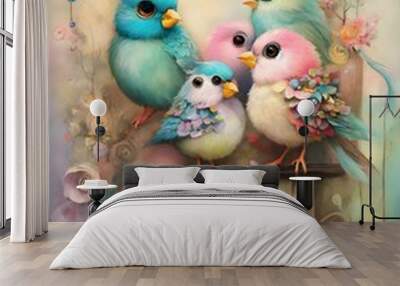 dreamy pastel mist shabby chic trash journals 
charming, adorable, and quirky birds with large eyes dressed in peculiar ways, reminiscent to Tamara Laporte's style of abstract magical fairytale painti Wall mural