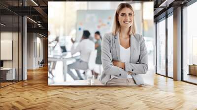 Portrait of girl leader or manager at a team planning, collaboration and strategy business meeting. Woman empowerment, leadership and management at a marketing office of a startup corporate company Wall mural