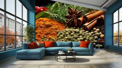 Extreme close-up of colorful spices and herbs, warm saffron and deep green herbs, in the style of culinary photography, depth of field, serene visuals, minimalistic simplicity, close-up Wall mural