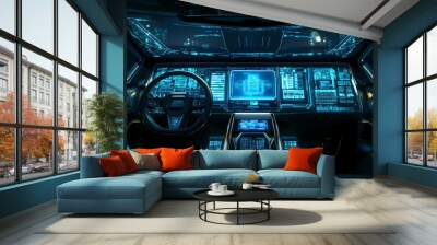 Futuristic autonomous vehicle cockpit. Interior of unmanned car cockpit with digital screens.    Wall mural