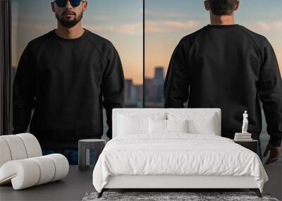 Blank sweatshirt mock up front and back view in color black template . crew neck mock up Created Generative Al Wall mural