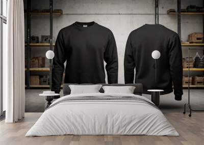 Blank sweatshirt mock up front and back view in color black template . crew neck mock up Created Generative Al Wall mural