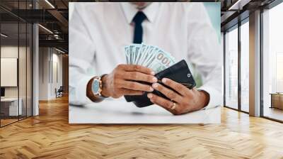 Business man, hands and wallet of money for finance, trading economy and banking budget. Closeup, rich trader and financial growth of salary, income or bonus bills, cash savings or accounting payment Wall mural