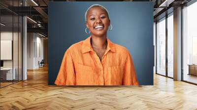 Smile, laugh and portrait of black woman laughing in studio at silly, joke or funny against a gradient grey background. Happy, laugh and face of African female with positive attitude or good vibes Wall mural