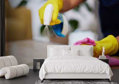 Spray, hands and person cleaning table, furniture and housekeeping services at home. Closeup of cleaner wipe surface with cloth, bottle of chemical product and disinfection of dust, bacteria and dirt Wall mural