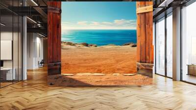 Rustic Wooden Doorway Opening to Sandy Beach and Blue Sea Wall mural