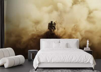 Soldier Emerging From Thick Cloud of Dust in Combat Zone Wall mural