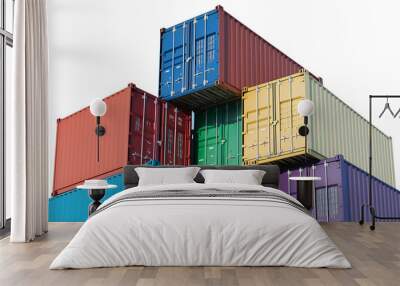 Stack of multicolored shipping containers isolated on transparent background Wall mural