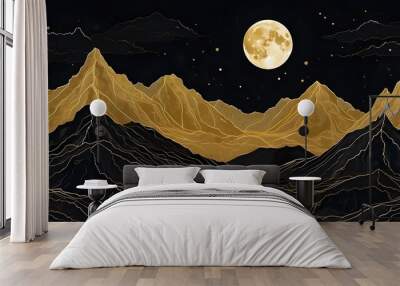 The mountains are outlined in golden lines, with a bright moon in the space between them and a black background. The mountains create an ethereal, flowing slope pattern that gives the impression of... Wall mural