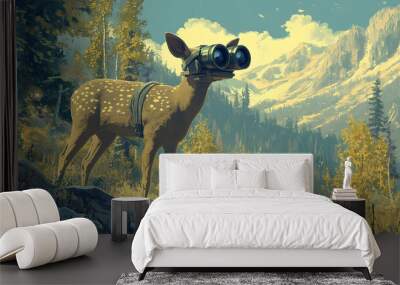 The national park thrives under the watchful eyes of a robot deer and forest ranger binoculars in tow conserving natural beauty    Wall mural