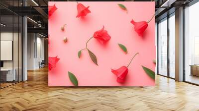 Top view red natural bellflowers with green leaf on pastel colored pink background, botanical blossoms scenic, minimal flat lay. Beautiful nature delicate wild flowers, summer flowering concept   Wall mural