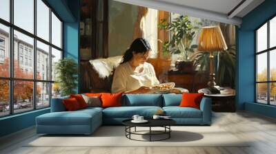 Woman (mom) enjoying food in living room  , Generated with Artificial Intelligance Wall mural