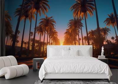 A pathway lined with palm trees at sunset Wall mural