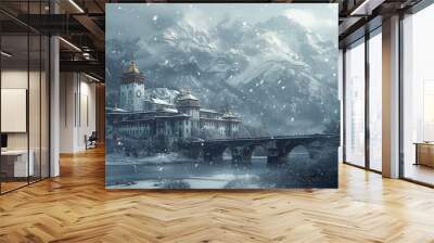 A serene monastery in the mountains during a snowfall, peaceful and isolated Wall mural