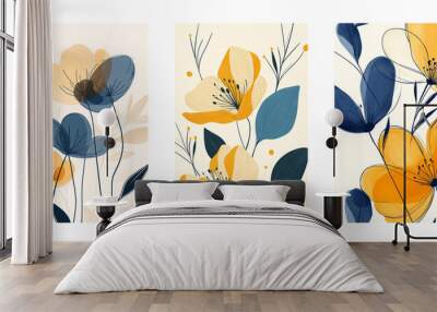 Abstract floral prints with blue and yellow botanical elements Wall mural