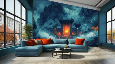 Ancient Mystical Temple in A Misty Mountain Landscape At Night Wall mural