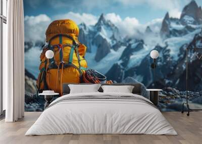 Backpack with Climbing Gear Among Snow-Capped Mountain Peaks in Perfect Weather Wall mural