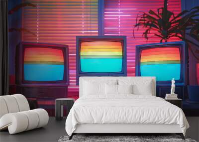 Classic CRT monitors with colorful stripes in nostalgic room Wall mural