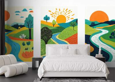 Colorful landscape illustrations with rivers hills and sun Wall mural