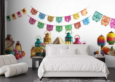 Colorful Mexican Fiesta Decor with Sombreros and Lanterns on a Transparent Background Wall mural