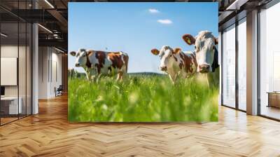 Cows herd on a grass field during the summer at sunset. Generative Ai Wall mural