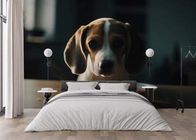 Cute Beagle puppy eating at home. Adorable pet. Generative AI technology Wall mural