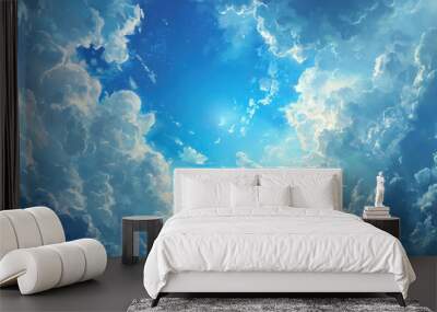 ethereal anime-style sky with fluffy clouds and radiant sunlight Wall mural