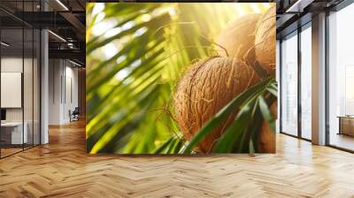 Fresh coconuts nestled among vibrant palm fronds Wall mural