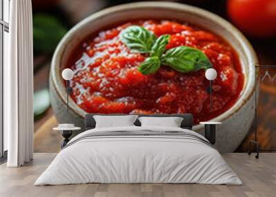 fresh homemade tomato sauce in rustic bowl with basil Wall mural