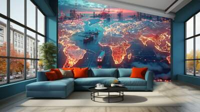 Glowing Global Trade Network Over Modern Port City Skyline At Sunset Wall mural