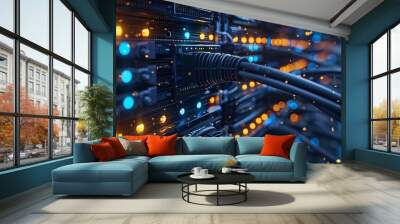 Modern Data Center with Blinking Lights and Network Cables Wall mural