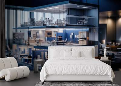 Modern office setting with architectural blueprints and 3D building models Wall mural