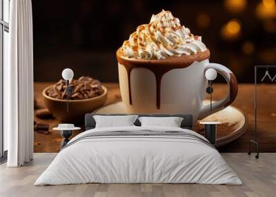 Mug of hot chocolate steams invitingly, topped with whipped cream and a sprinkle of cocoa Wall mural