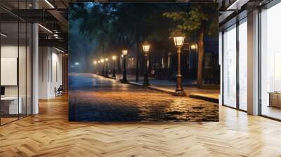 Old-fashioned lighting casting a soft glow on a quiet street at dusk Wall mural