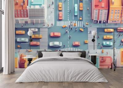 Vibrant Urban Intersection With Pedestrians and Traffic in Colorful Cityscape Wall mural