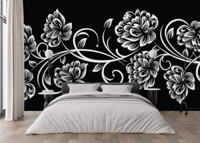 Seamless abstract black and white floral border design Wall mural