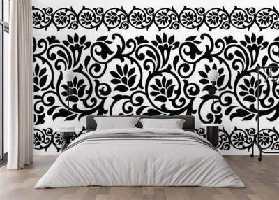 Seamless black and white vintage floral border Wall mural