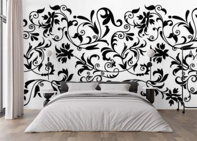 Seamless black and white vintage floral border Wall mural