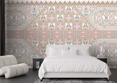 Seamless brown paisley border on white background with traditional Asian design elements Wall mural