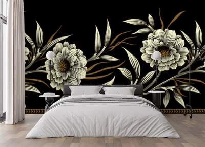 Seamless textile floral border on black background Wall mural