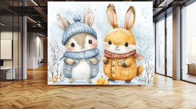 Cute rabbits in winter attire enjoying a snowy day, surrounded by gentle snowfall and frosty trees Wall mural