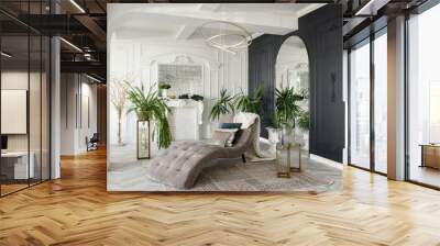 Morning in luxurious light interior in the Baroque style. Bright and clean interior design of a luxury living room with parquet wood floors, fireplace, sofa and houseplant. Stucco on walls Wall mural