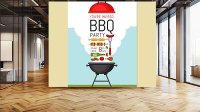 Bbq party invitation with grill and food. Barbecue poster. Food flyer. Flat style, vector illustration. Wall mural