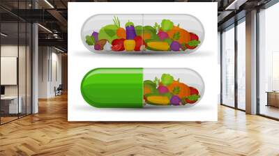 Medical capsule with vegetables. Vitamins and supplements. Different fruit in capsule. Flat style, vector illustration. Wall mural