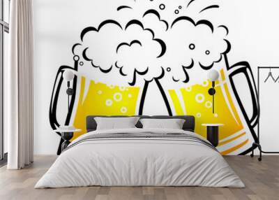 two bright beer mugs with foam and droplets Wall mural